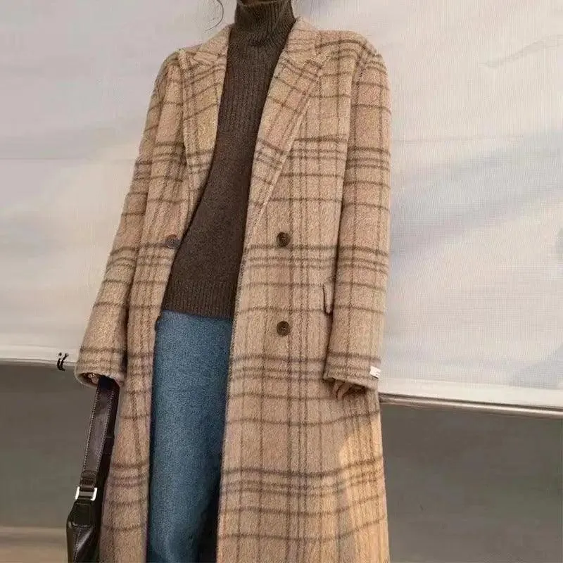 Checked Double-sided Wool Coat For Women Long Knee-length
