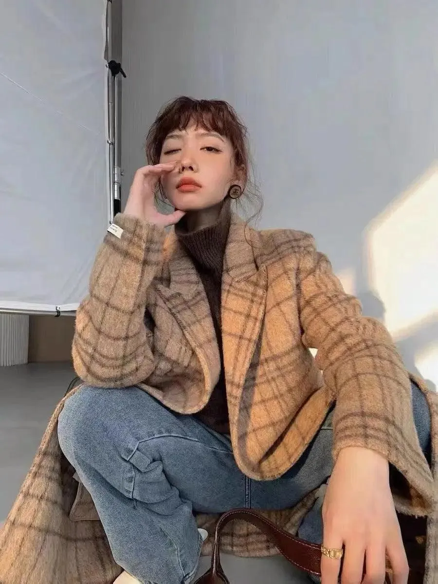 Checked Double-sided Wool Coat For Women Long Knee-length