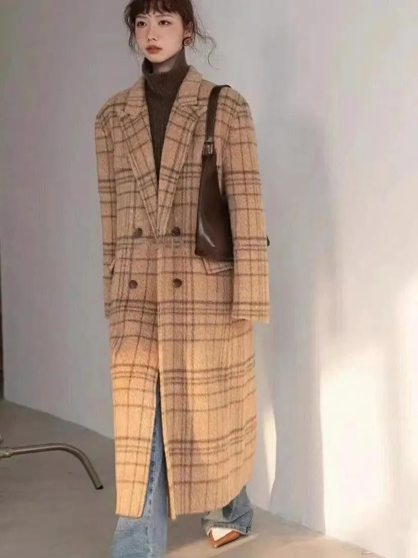 Checked Double-sided Wool Coat For Women Long Knee-length