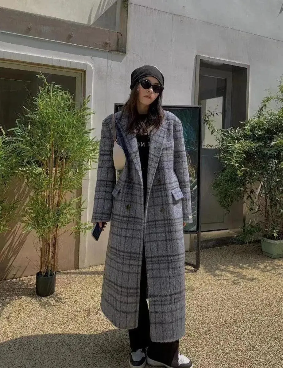 Checked Double-sided Wool Coat For Women Long Knee-length