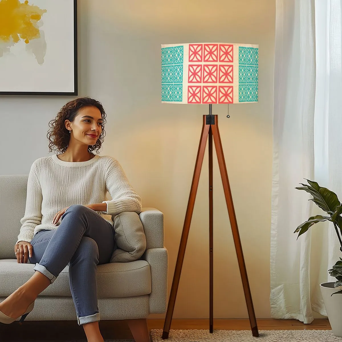 Mid Century Modern 1950s Breeze Block Designed Tripod Floor Lamp In Coral And Aqua