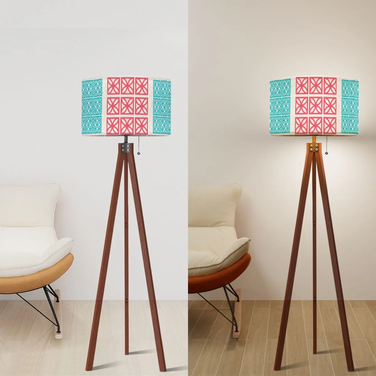 Mid Century Modern 1950s Breeze Block Designed Tripod Floor Lamp In Coral And Aqua