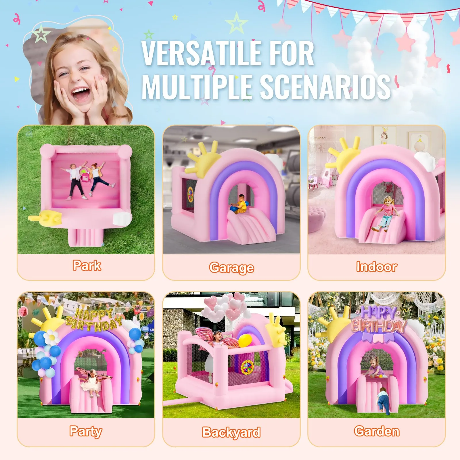 VEVOR Inflatable Bounce House, Indoor Outdoor Playhouse Trampoline, Kid Jumping Bouncer with Blower, Slide, Storage Bag, Family Backyard Bouncy Castle, for Girls Boys Ages 3–8 Years, 110x91x91 inch
