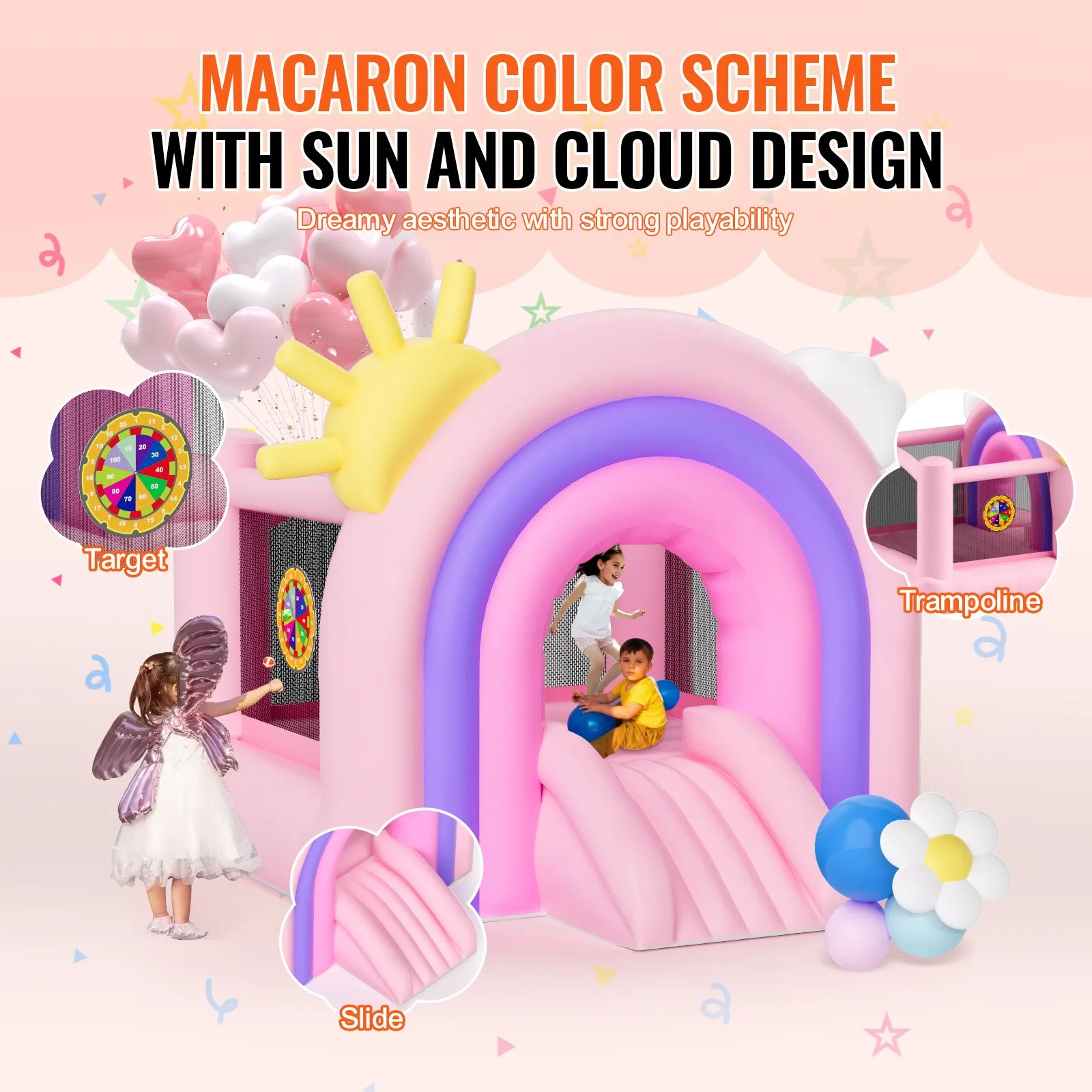 VEVOR Inflatable Bounce House, Indoor Outdoor Playhouse Trampoline, Kid Jumping Bouncer with Blower, Slide, Storage Bag, Family Backyard Bouncy Castle, for Girls Boys Ages 3–8 Years, 110x91x91 inch