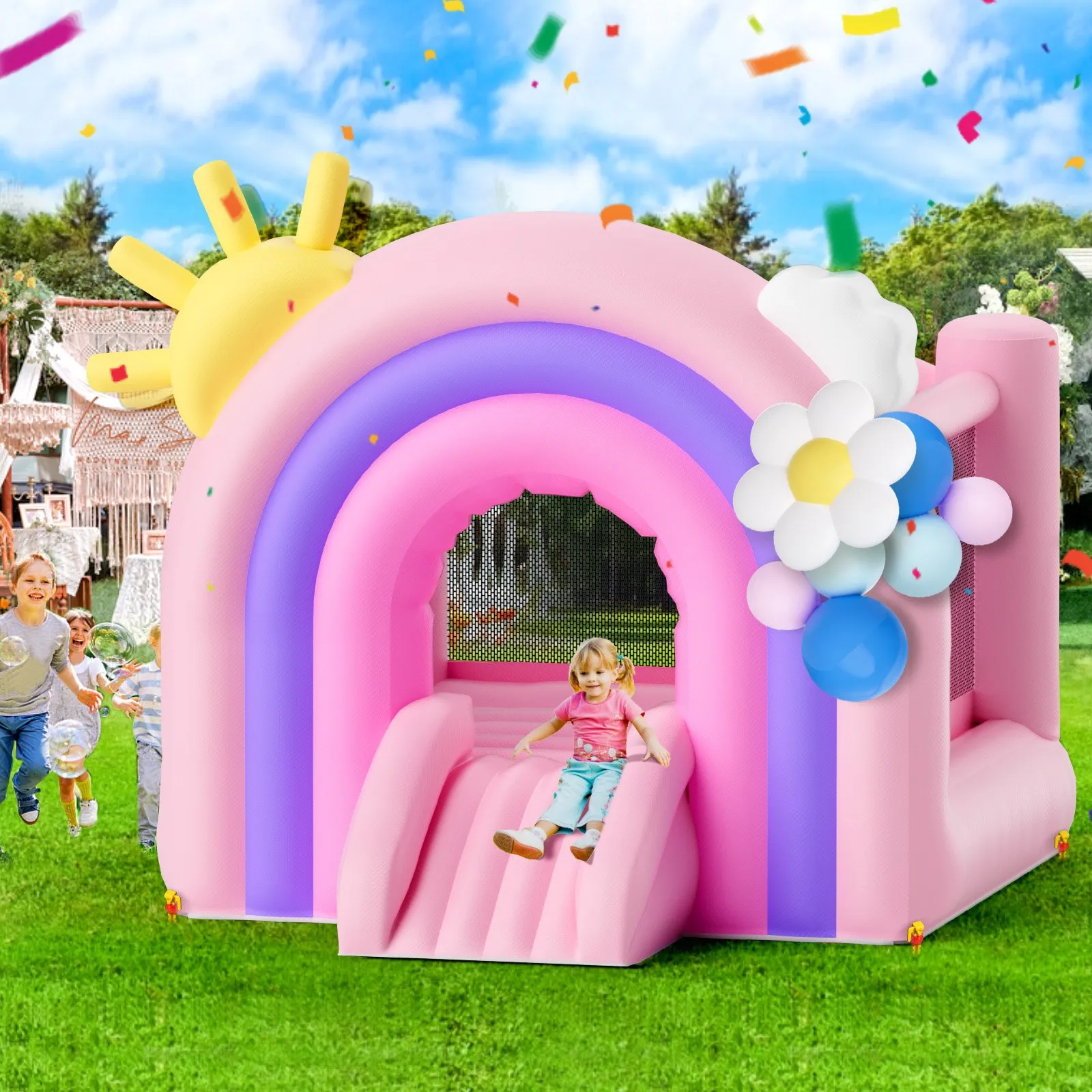 VEVOR Inflatable Bounce House, Indoor Outdoor Playhouse Trampoline, Kid Jumping Bouncer with Blower, Slide, Storage Bag, Family Backyard Bouncy Castle, for Girls Boys Ages 3–8 Years, 110x91x91 inch